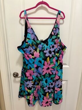 Roaman's Black Floral Tank One-Piece with Pink & Blue Blooms